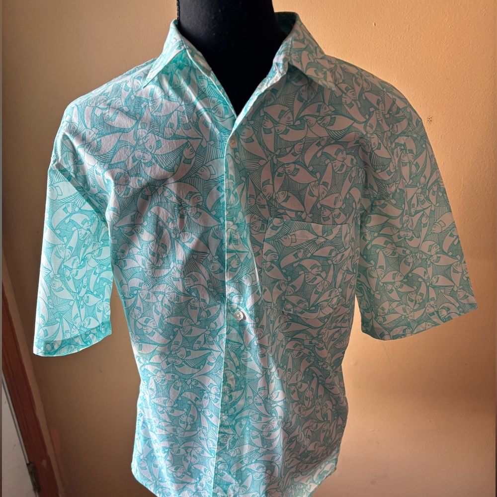 Thorsun  Blue Casual Button Down Shirt with Fish Print Sz S